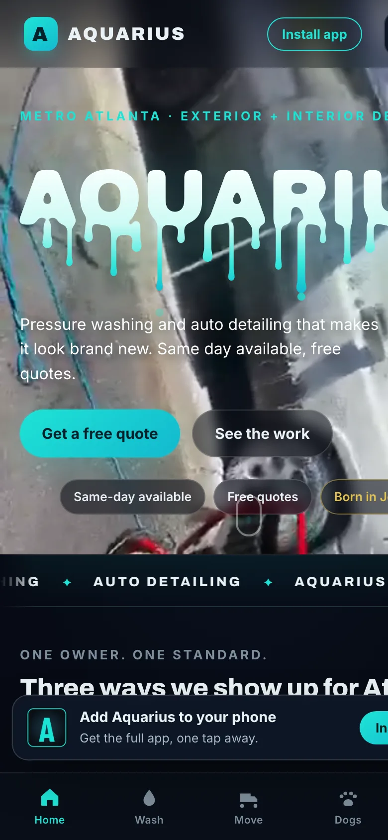 Aquarius Atlanta service app and website screen