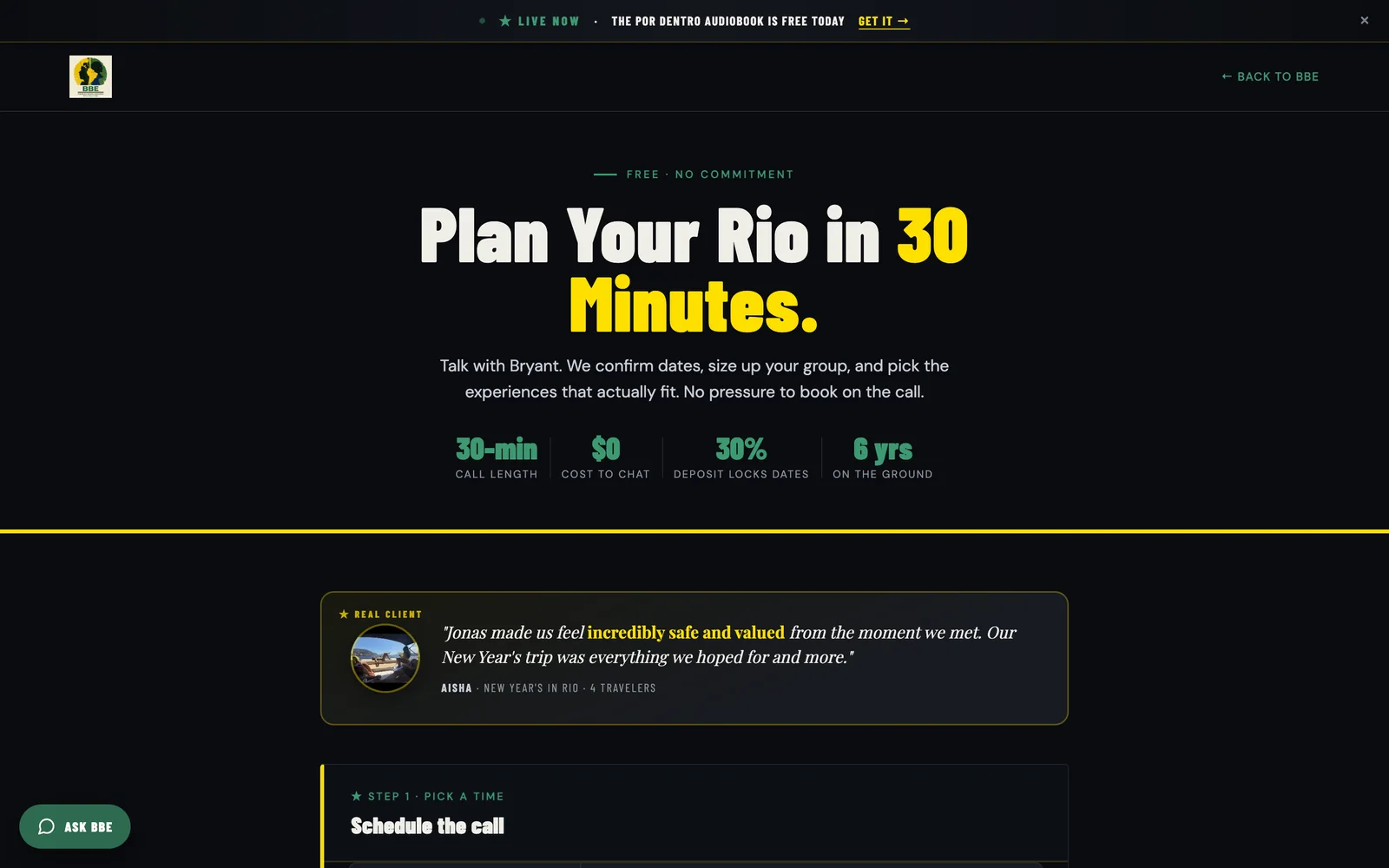 The Black Brazil Exchange consultation booking page with a deposit step