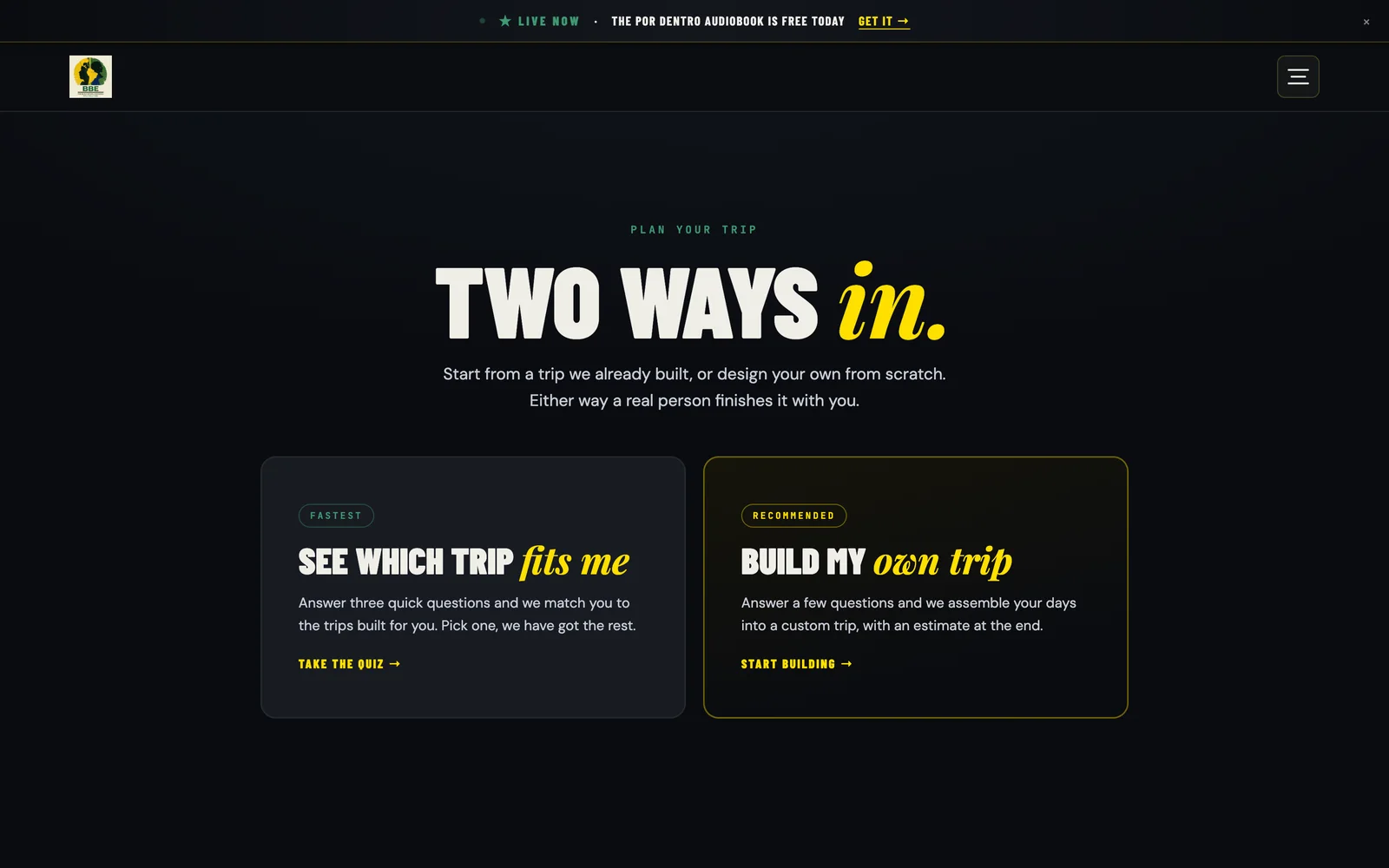 The Build Your Own Trip tool on The Black Brazil Exchange