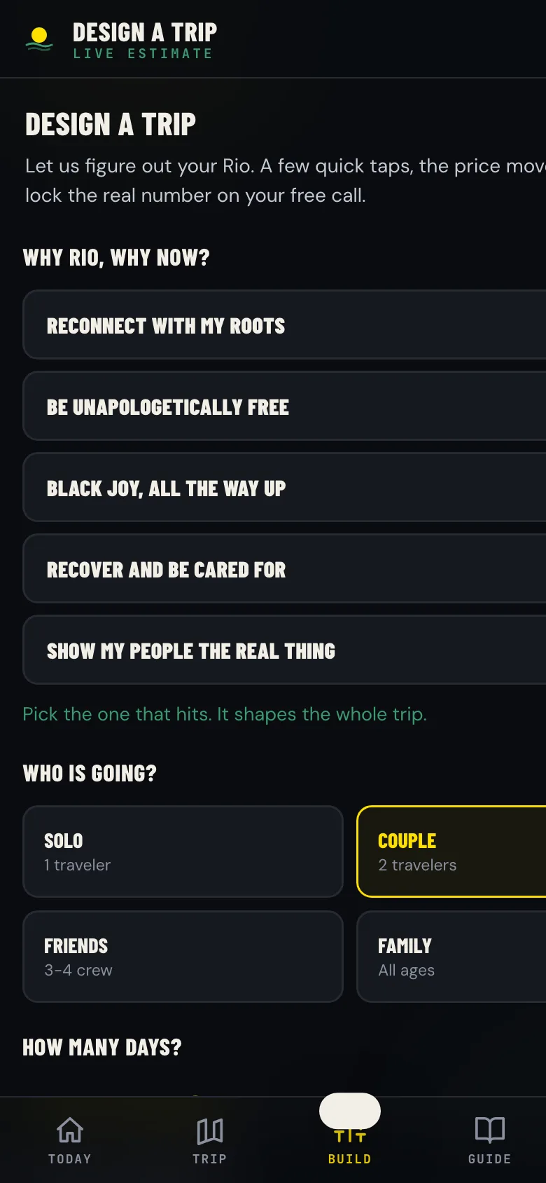 The Build tab: a trip builder with crew, days, and energy controls and a live per-person estimate