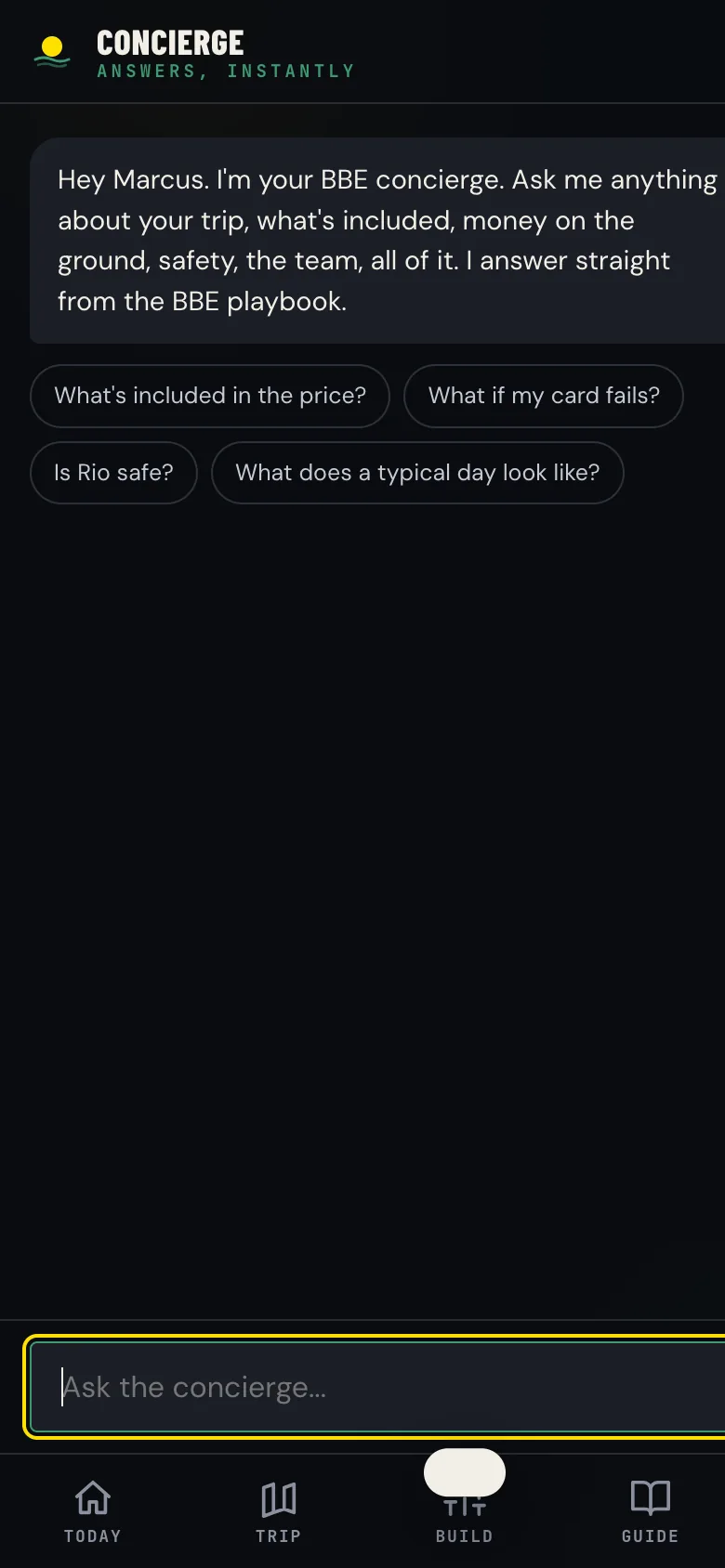 The Concierge tab: a chat that answers trip questions with suggested prompts