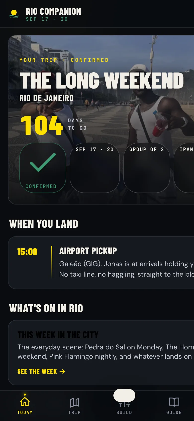 The BBE Rio Companion Today tab: a countdown to the trip, the day's plan, and quick actions
