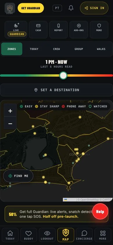 Current B.E Guardian Rio safety map with zone guidance and primary navigation