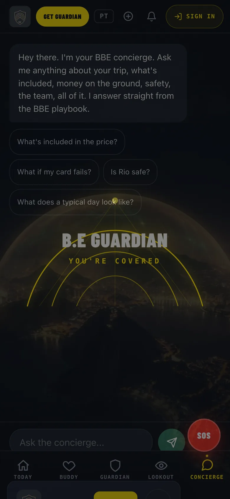 The Concierge tab: a chat that answers trip questions with suggested prompts