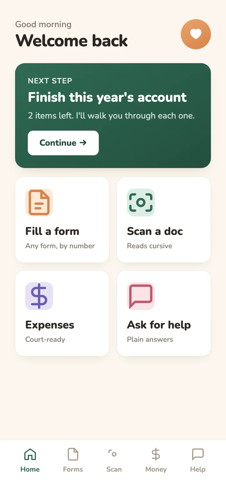 Caregiver helper app home screen