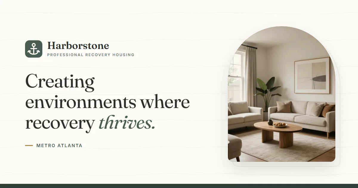 Harborstone recovery housing website social card with a calm residential interior