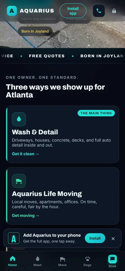The Aquarius owner app home screen listing Wash and Detail and Aquarius Life Moving above the bottom tab bar
