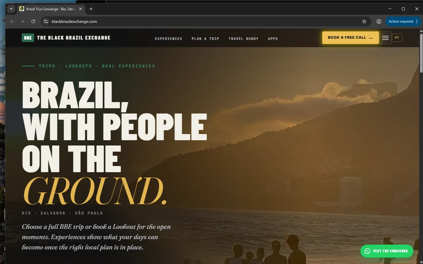 The Black Brazil Exchange homepage hero reading Brazil, with people on the ground, over a golden Rio shoreline at dusk