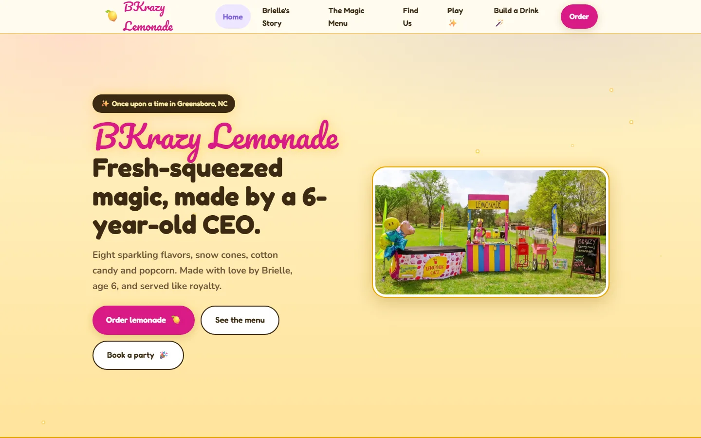 The BKrazy Lemonade homepage with the headline Fresh-squeezed magic, made by a 6-year-old CEO beside the lemonade stand photo