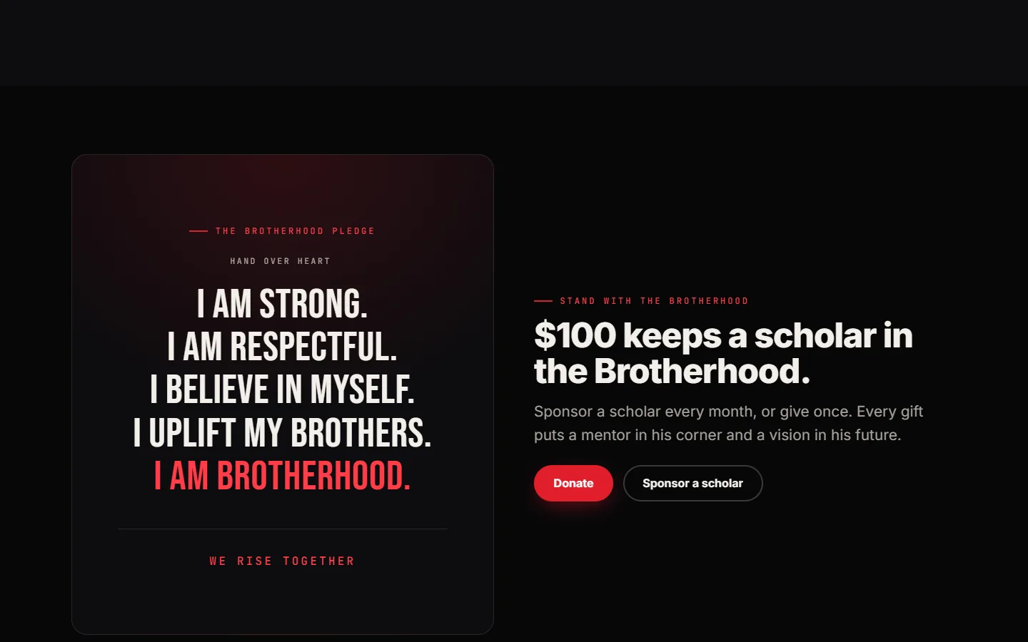 The Brotherhood website showing the Brotherhood pledge and the sponsor a scholar section