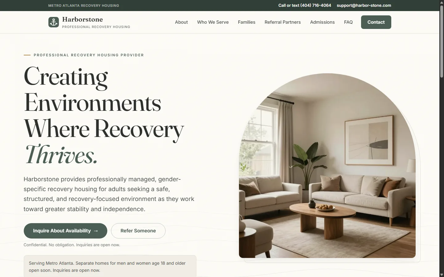 The Harborstone recovery housing homepage with the headline Creating environments where recovery thrives beside a calm living room photo