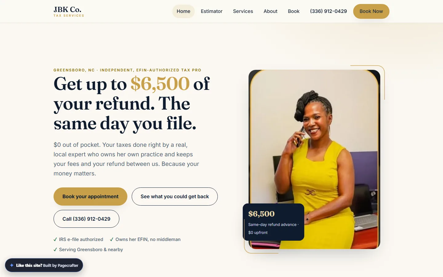 The JBK Tax Services homepage offering up to $6,500 of a refund the same day you file, with booking and estimator buttons