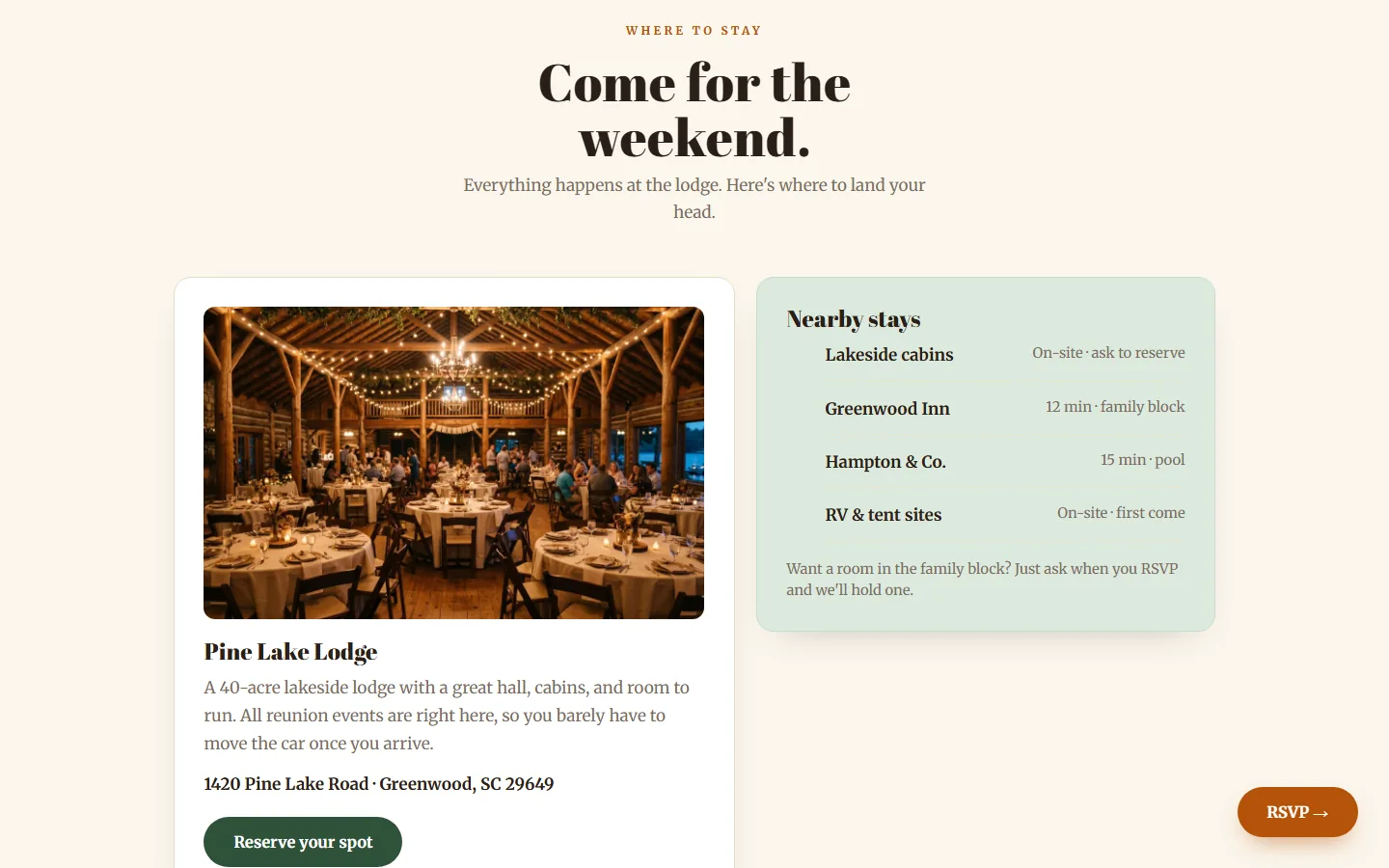 The Jenkins Family Reunion lodging section with Pine Lake Lodge details and the nearby stays list