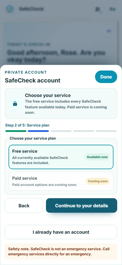 The SafeCheck account setup screen on step two, choosing between the free service and the coming paid plan