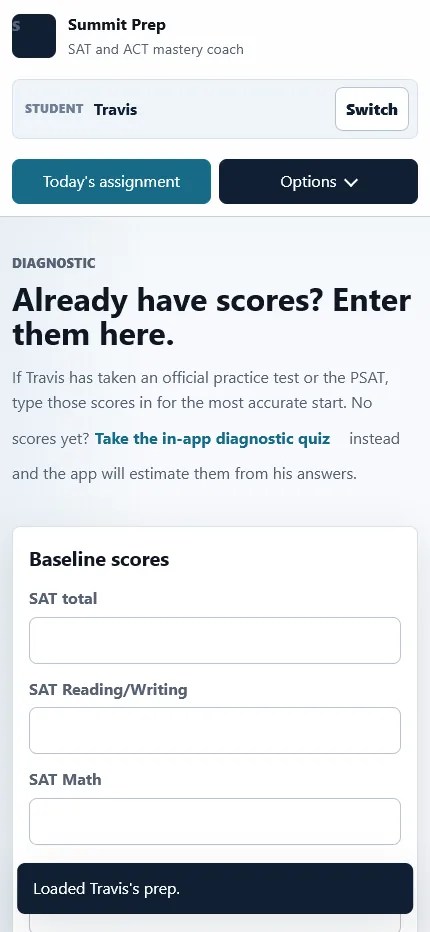 Summit Prep Coach signed in, showing the loaded daily prep and diagnostic score entry