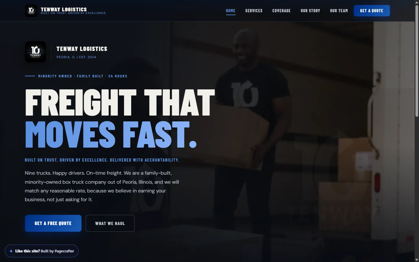 The Tenway Logistics homepage hero reading Freight that moves fast over a driver loading a box truck
