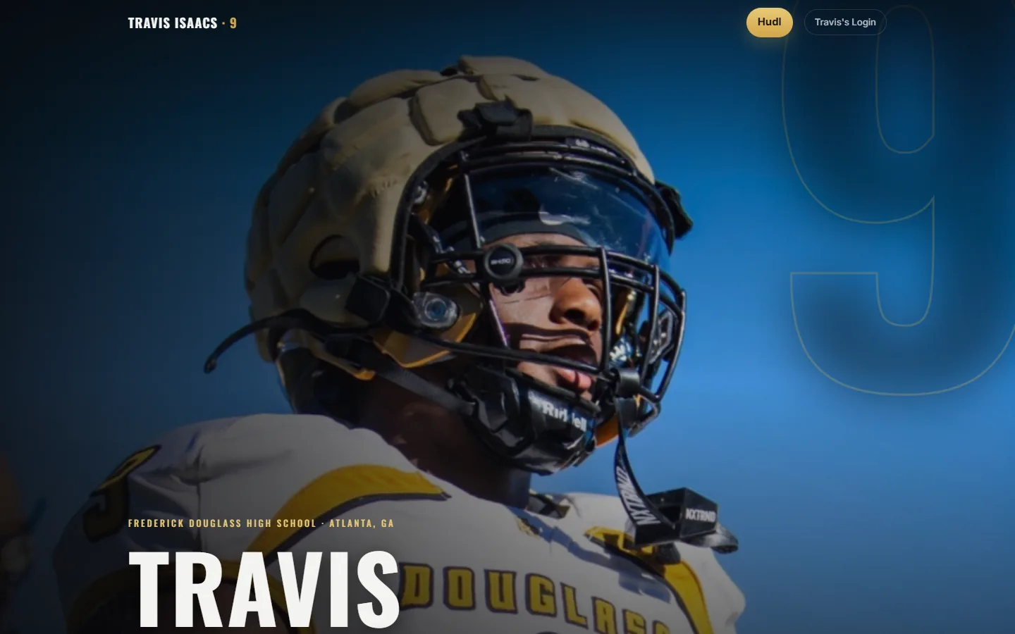 The Travis Isaacs recruiting homepage with a full-bleed football helmet portrait and Frederick Douglass High School wordmark