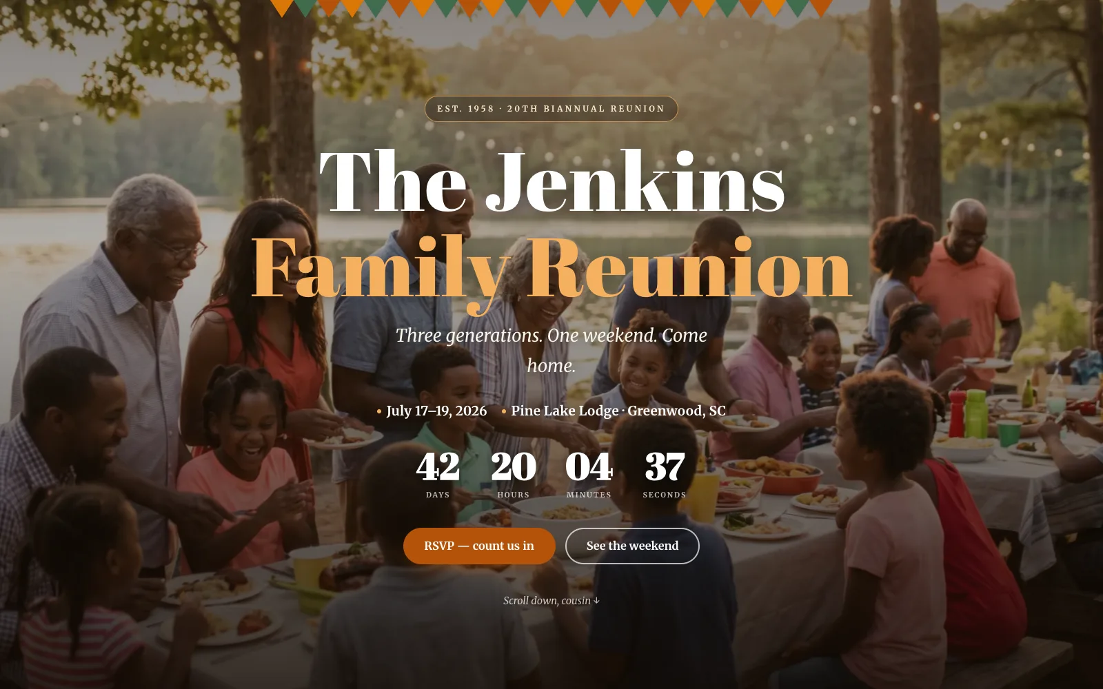 The Jenkins Family Reunion homepage hero, warm and editorial, with a countdown to the reunion weekend