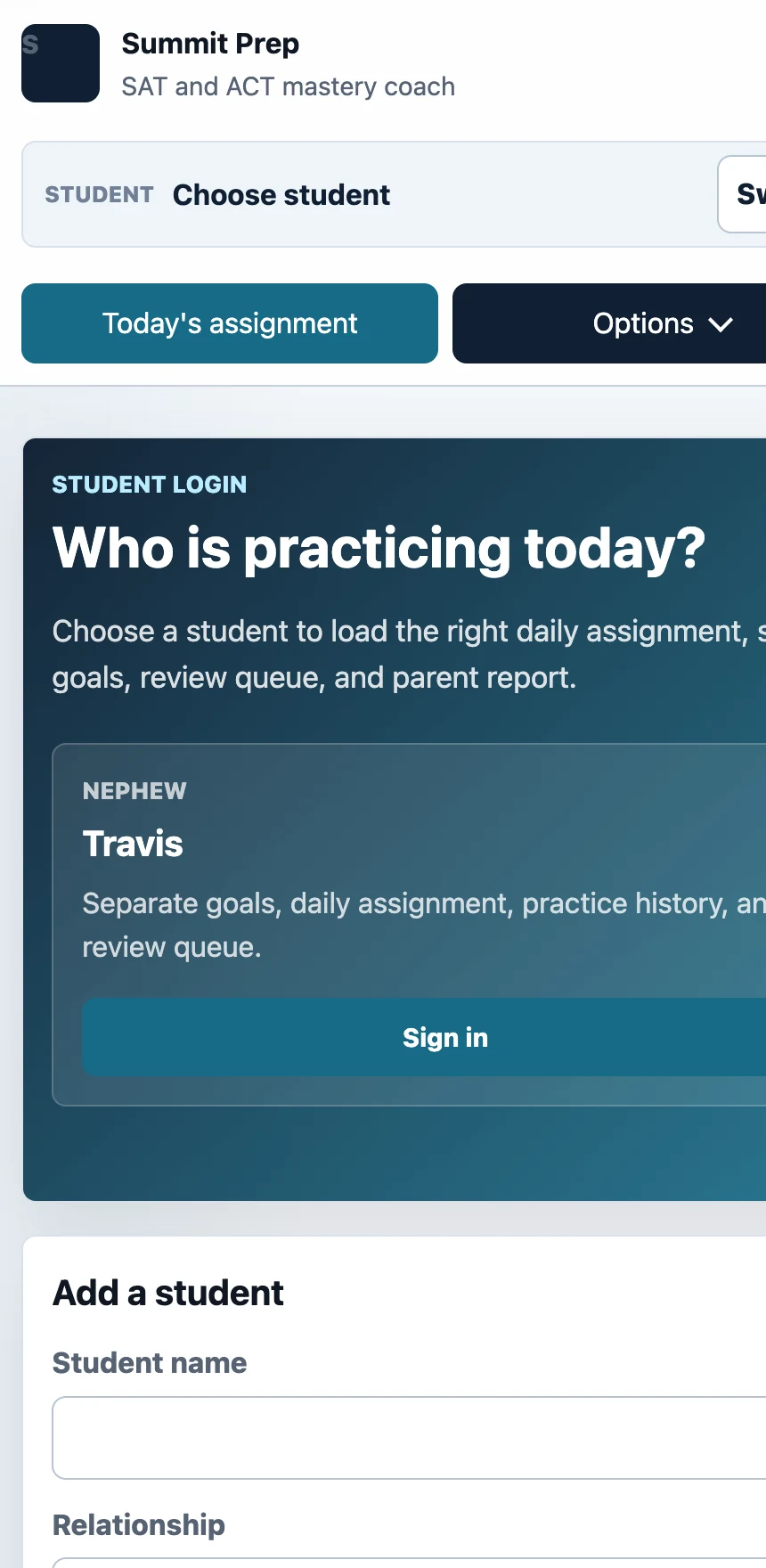 Summit Prep Coach sign-in and daily assignment app