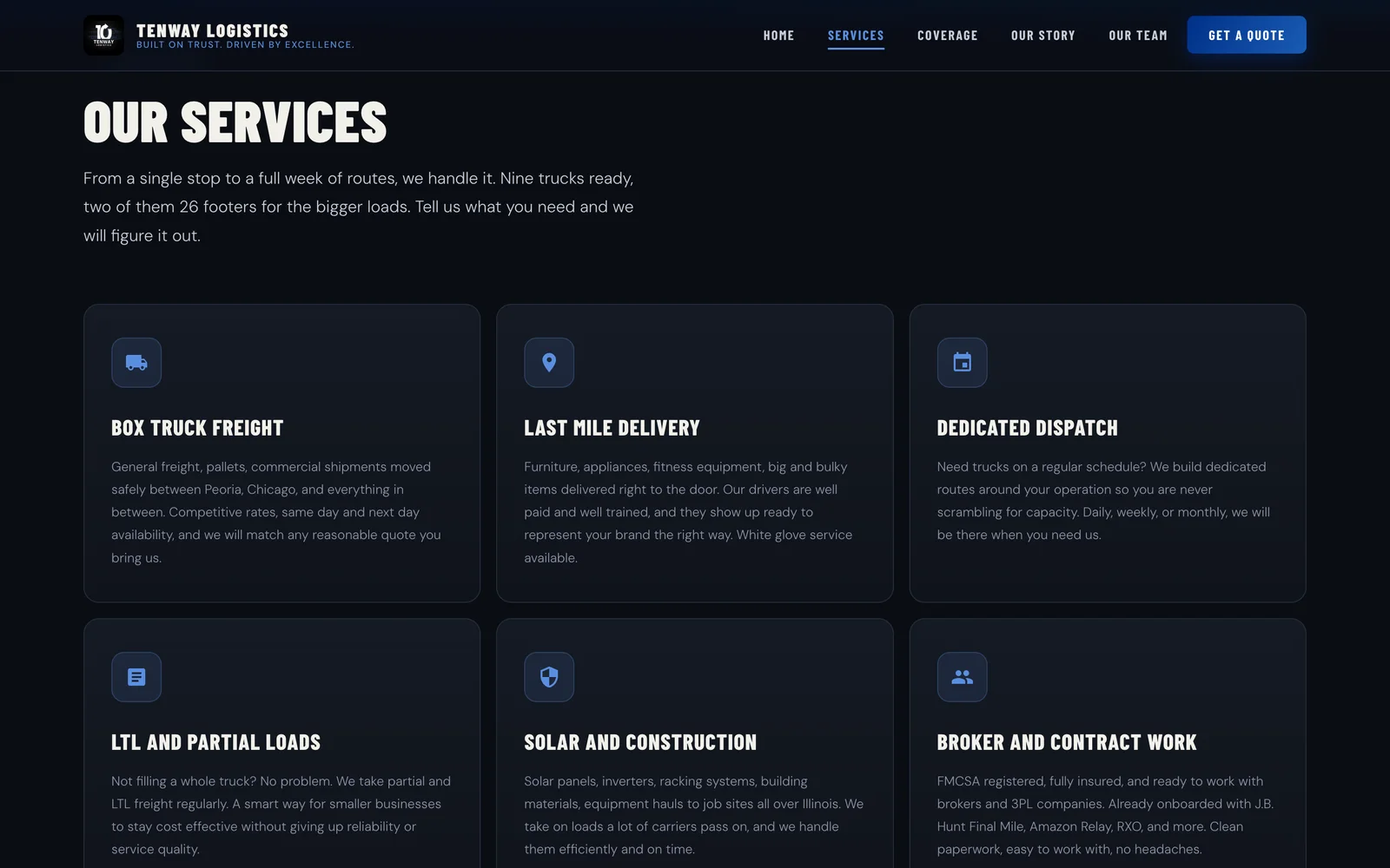 The Tenway Logistics services page with a grid of six service lines